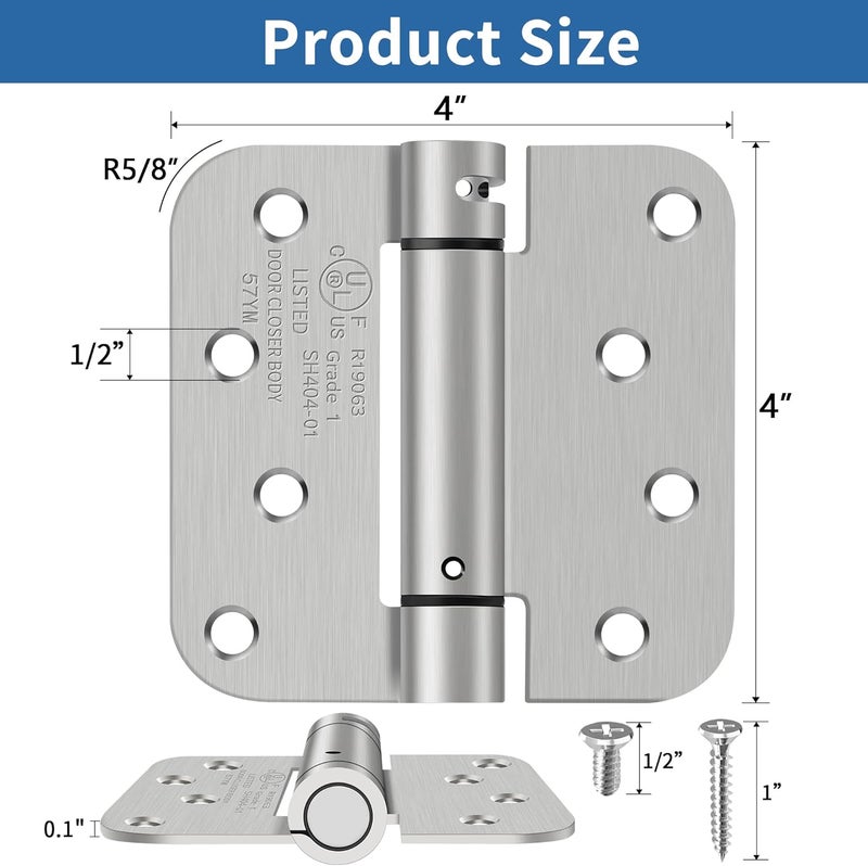 IOQ 4 Inch Self Closing Door Hinges, 5/8" Radius Corners Spring Loaded Hinges for Exterior, Garage, Front and Back Door, UL Listed, for Left and Right Hand Door, Brushed Nickel, 2 Pack - Image 2